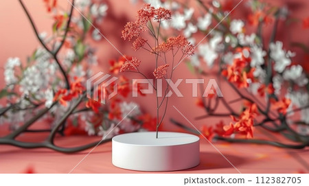 AI-generated content. Empty cosmetic beauty product presentation mockup on trendy pink coral pastel background with light shadows and spring flowers, minimalist flat lay backdrop, top view. 112382705