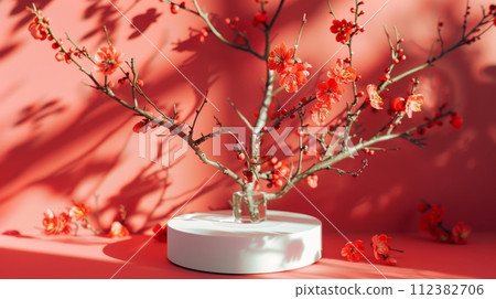 AI-generated content. This presentation mockup shows a white round podium pedestal, an empty cosmetic beauty product, and a trendy pink coral pastel background with light shadows and spring flowers. A 112382706