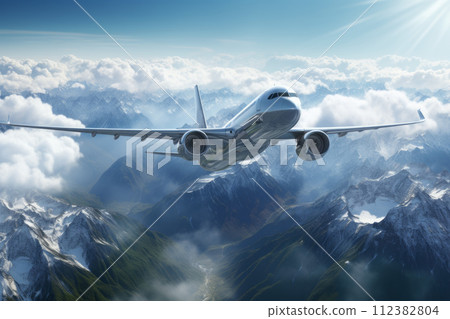 Passenger airplane flying above sky during beautiful mountain Created with Generative AI technology. 112382804