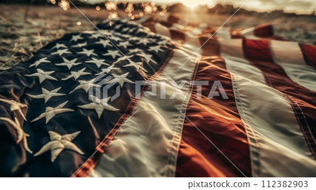 AI-generated content. Celebration of the United States of America with fireworks and sparklers at sunset 112382903
