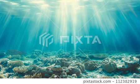 AI-generated content. A tropical seabed with reefs and sunshine under the water 112382919