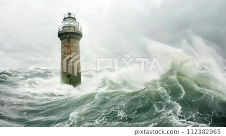 AI-generated content. A lighthouse in a stormy landscape - a leader's vision and leadership concepts 112382965