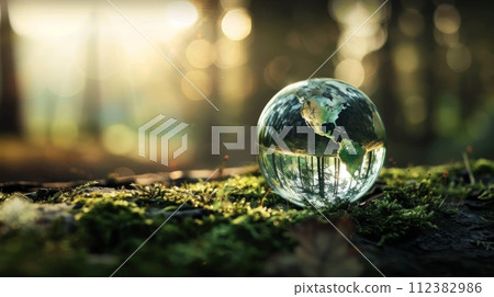 AI-generated content. Observing Earth Day - Environment - Defocused Abstract Sunlight In Mossy Forest 112382986