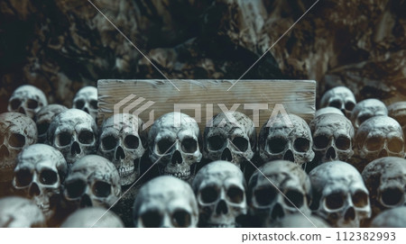 AI-generated content. Halloween Party with Skeletons With Wooden Banner 112382993
