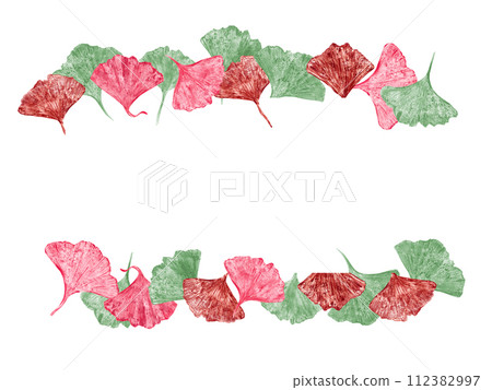 Fashionable design card. Leaf imprints in pink, green, red colors. Horizontal frame with multi-colored leaves and space for text. Ginkgo, palm, dry abstract leaves. Watercolor illustration. 112382997