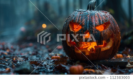 AI-generated content. Pumpkins and Skeletons In Graveyard At Night With Wooden Board - Halloween Party Card 112383003