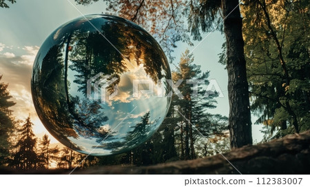 AI-generated content. The environmental concept of a globe glass in a green forest with sunlight 112383007