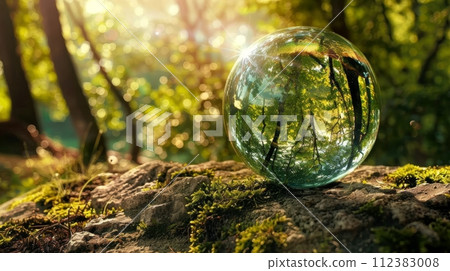 AI-generated content. Concept of Globe Glass In A Green Forest With Sunlight 112383008