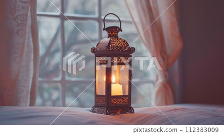 AI-generated content. Islamic Holy Month Ramadan Kareem - Lighted Arabic Lanterns At Night 112383009