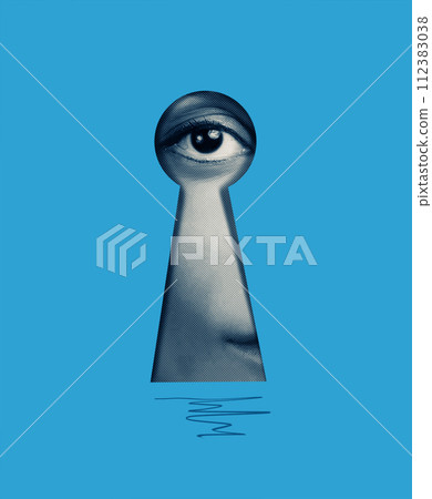 Close up of shocked female eye looking through a keyhole 112383038