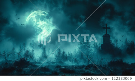 AI-generated content. A spooky cemetery at night with a moon, clouds, and bats contained in a 3D illustration. 112383069