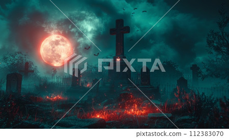 AI-generated content. In the Night - Spooky Cemetery With Moon And Bats - 3D Illustration 112383070