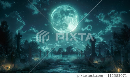 AI-generated content. At Night - Spooky Cemetery With Moon In Cloudy Sky And Bats - Includes a 3D illustration 112383071