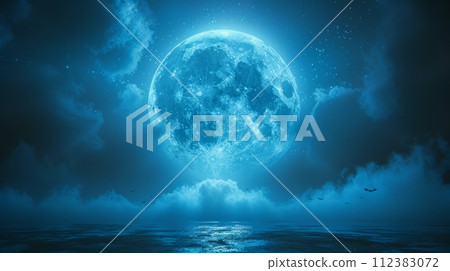 AI-generated content. It contains a 3D illustration depicting a spookily moon in a cloudy sky with bats on Halloween Night. 112383072