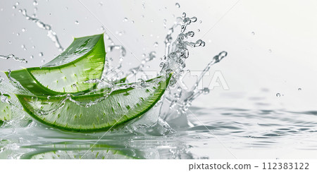 Close up of succulent aloe vera pieces with water splashes 112383122