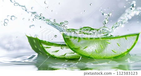 Close up of succulent aloe vera pieces with water splashes Close up of succulent aloe vera pieces with water splashes 112383123