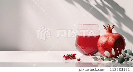Photorealistic image of pomegranate juice in a glass next to the fruit 112383151