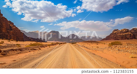 Dirt road leading to red sandstone cliffs Dirt road leading to red sandstone cliffs 112383155