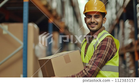 Portrait of an Indian warehouse worker in a warehouse distribution center. 112383157