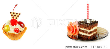 Cakes with cream and fruit isolated on white. Collage. Free space for text. Wide photo. 112383169