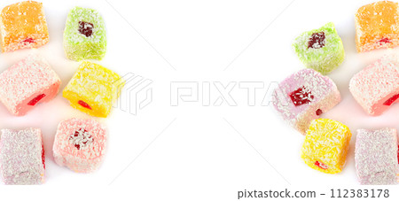 Turkish delight isolated on white. Collage. Free space for text. Wide photo. 112383178