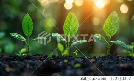 AI-generated content. A concept of growing money, money, finance, and investment on a sunny background. A young plant is increasing. 112383307