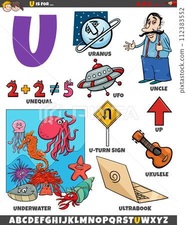 Letter U set with cartoon objects and characters Letter U set with cartoon objects and characters 112383552