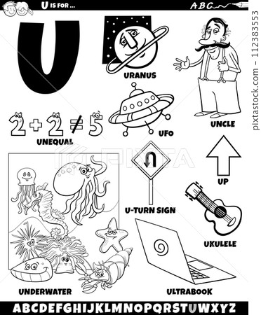 Letter U set with cartoon objects and characters coloring page 112383553