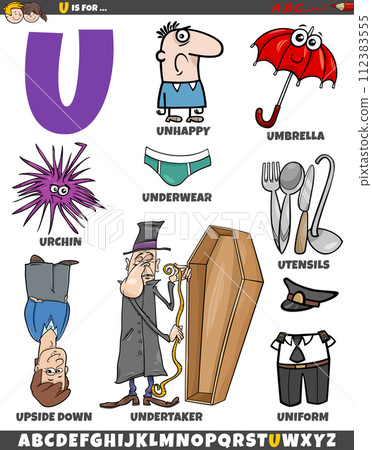 Letter U set with cartoon objects and characters Letter U set with cartoon objects and characters 112383555