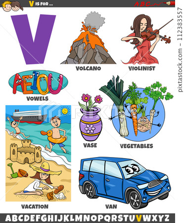 Letter V set with cartoon objects and characters Letter V set with cartoon objects and characters 112383557