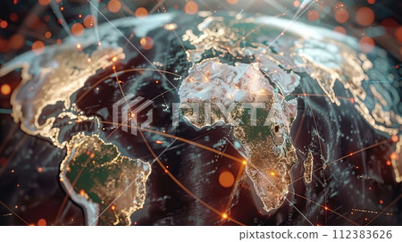 AI-generated content. Online goods orders worldwide. Fast or instant shipping. Distribution plan for goods worldwide on a virtual screen. 112383626