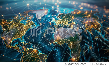 AI-generated content. Manager who plans the distribution of goods worldwide on a virtual screen. Distribution network map. Global online ordering. Fast or instant shipping. 112383627