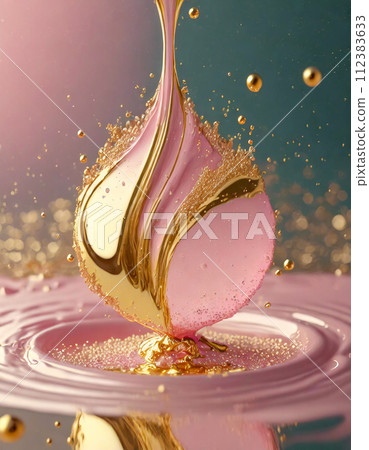 滴下抽象的金色和粉紅色液體（AI 生成圖像） 112383633