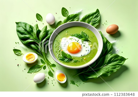 sorrel soup with boiled eggs on green background 112383648