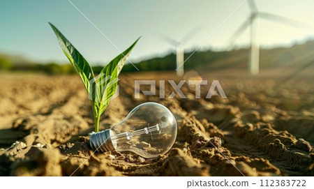 AI-generated content. A light bulb is located on the soil, while plants grow beside the wind turbine. Renewable sources of energy are essential in the future. Green energy, eco energy is becoming more 112383722