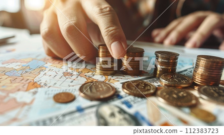 AI-generated content. In this image, a businessman points to the graph of growth above stacks of coins. This is a business development to success and investment growth plan. 112383723