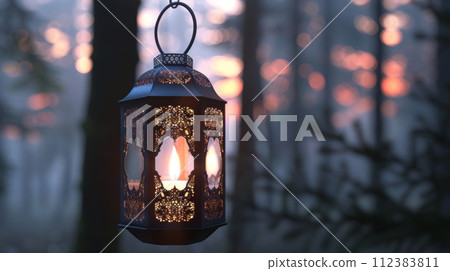 AI-generated content. This is an ornamental Arabic lantern displaying a burning candle during the Muslim holy month of Ramadan Kareem 112383811