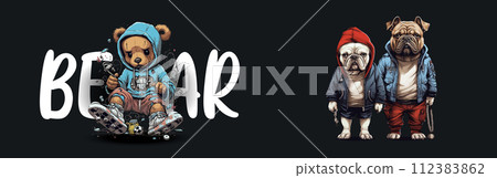 Stylish Cartoon Bulldogs in Urban Outfits: A Vector Illustration of Cool Canines Dressed in Modern , Representing Youth Culture and Fashion 112383862