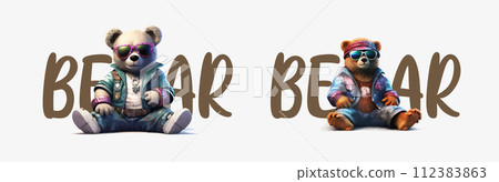 Cool Stylish Bears in Sunglasses and Jackets: Trendy Vector Illustration of Hipster Bears for Designs 112383863