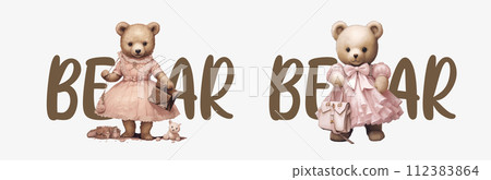Adorable Illustrated Bears in Pink Dresses Holding Bags, Perfect for Children’s Book Illustrations, Greetings 112383864