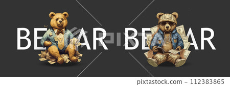 Urban Fashion Teddy Bears Sitting Among Dollar Bills, Illustration of Wealth and Modern Style, Cool Sunglasses and Outfits, Trendy Hipster Characters Design, Art of Luxury 112383865