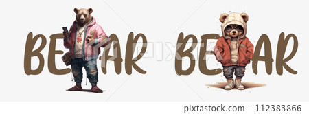 Stylish Cartoon Bears in Trendy Outfits: A Unique Vector Illustration of Fashionable Anthropomorphic Bears for Designs 112383866