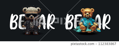 Contrast of Two Worlds: A Grunge Styled Bear and a Wealthy Bear, Illustrating Diverse Lifestyles 112383867