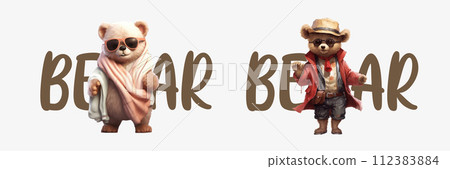 Stylish Cartoon Bears: A Cool Bear in Sunglasses and Scarf, and a Pirate Bear with a Blurred Face, Both Standing 112383884