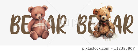 Adorable Illustrated Teddy Bears: One New and One Well-Loved, Each with Unique Charm and Character, Perfect for Various Creative Adorable Illustrated Teddy Bears: One New and One Well-Loved, Each with Unique Charm and Character, Perfect for Various Creative 112383907