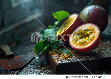Passion fruit lies on a wooden board. Passion fruit lies on a wooden board. 112384000