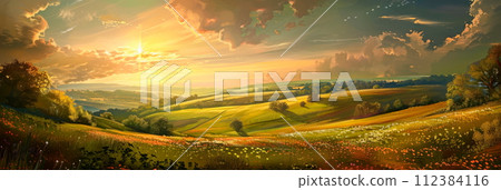 Easter Monday backgrounds featuring rolling hills and colorful meadows. 112384116