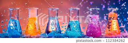 chemical reactions taking place in a laboratory setting, with colorful liquids bubbling and fizzing in glassware. 112384262