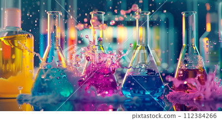 chemical reactions taking place in a laboratory setting, with colorful liquids bubbling and fizzing in glassware. 112384266
