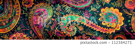 pattern inspired by Persian paisley motifs, featuring intricate teardrop-shaped designs symbolizing fertility, abundance, and eternity. 112384271